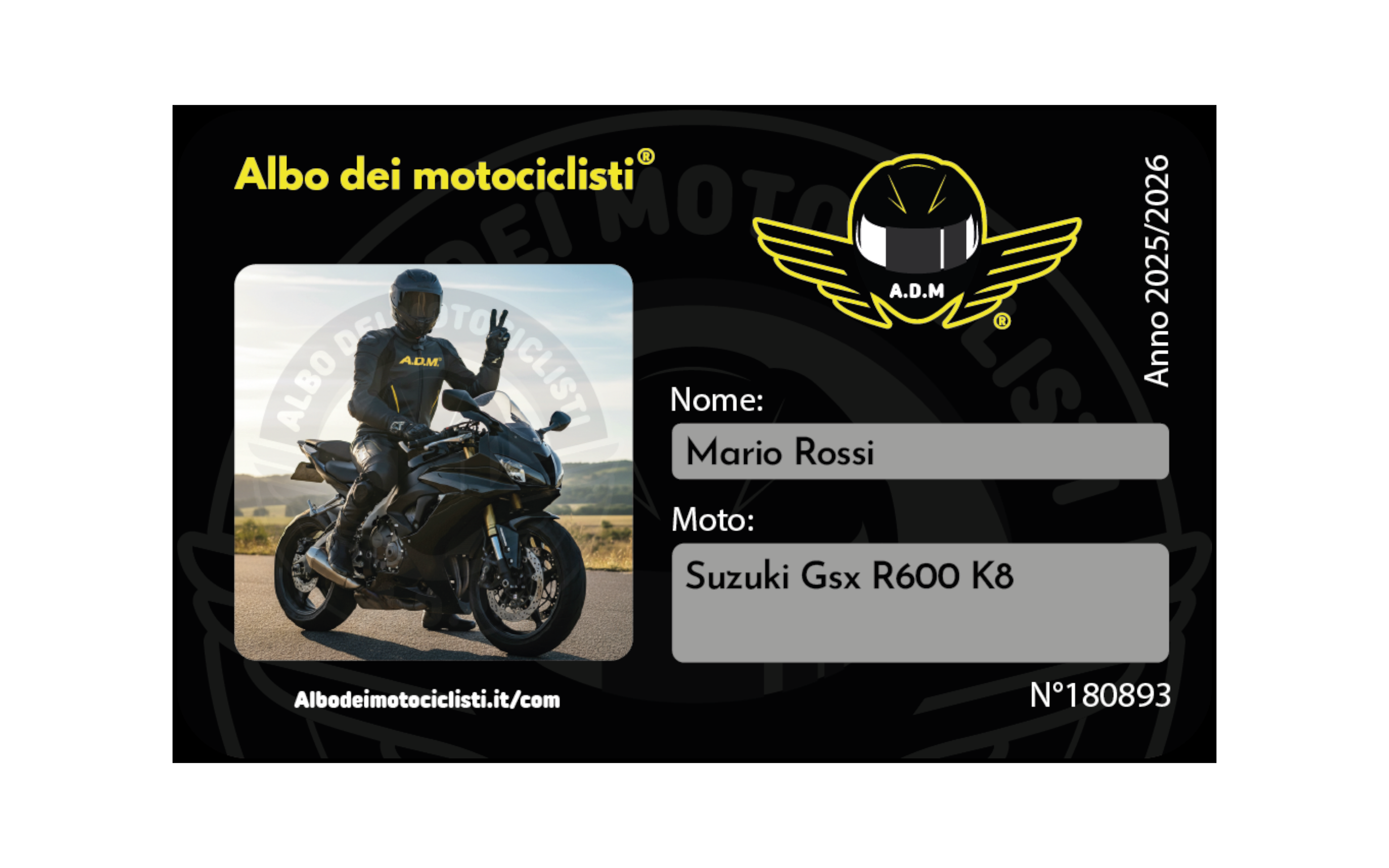 Card Iscritto A.D.M.® - Esempio di tessera motociclista 2025