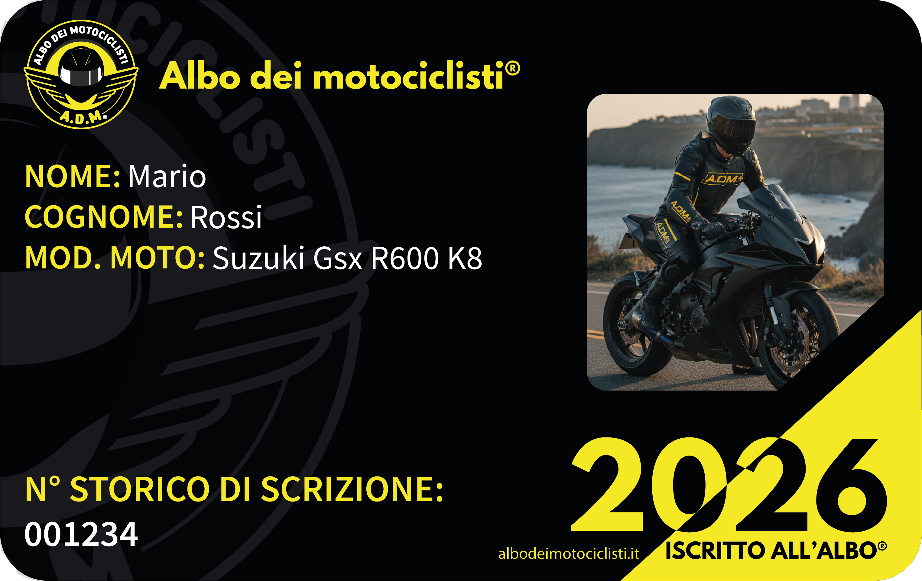 Card Iscritto A.D.M.® - Esempio di tessera motociclista 2026
